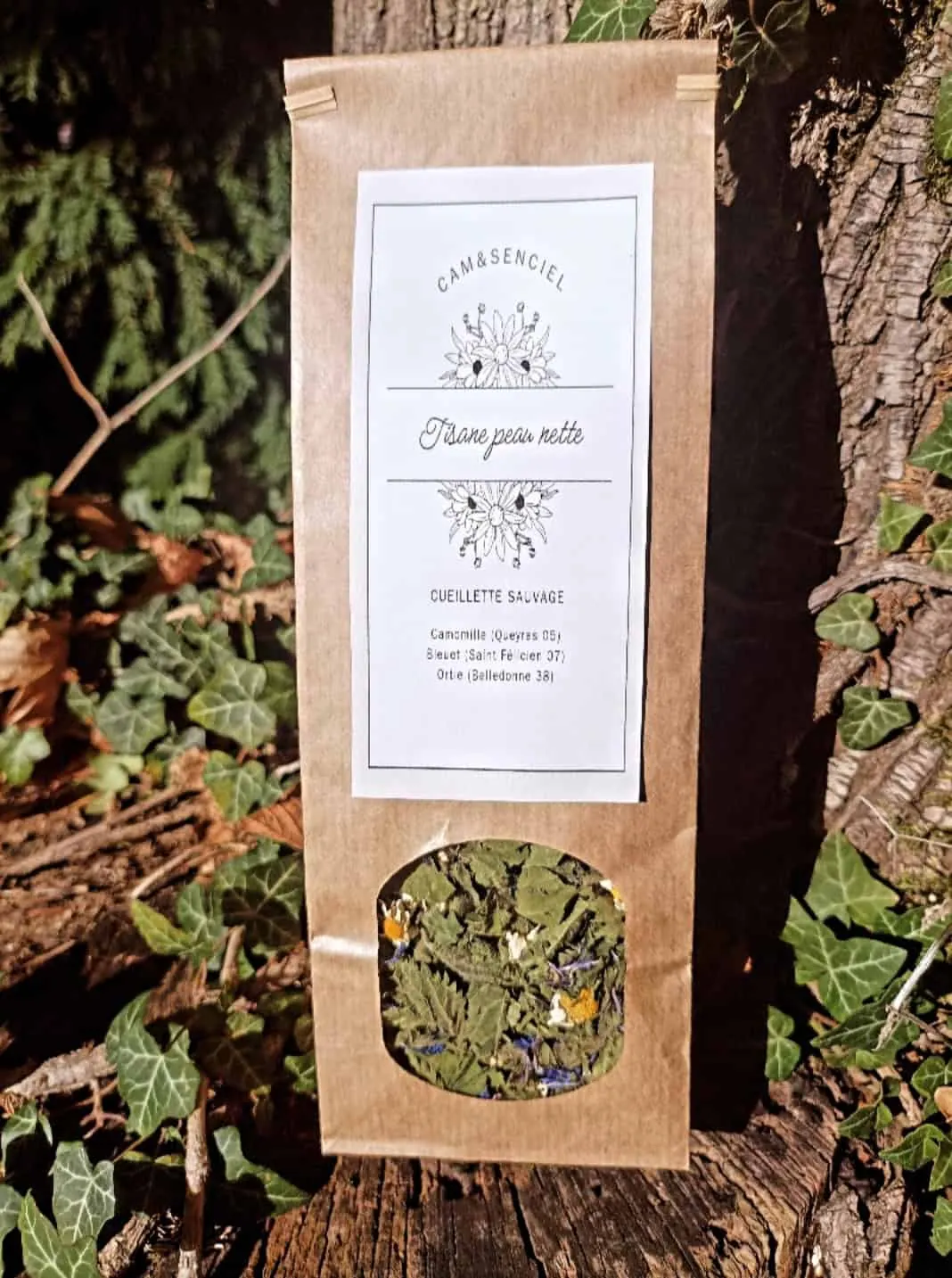 Sachet de tisane Peau nette Cam&Senciel, cueillette sauvage de camomille, bleuet et ortie